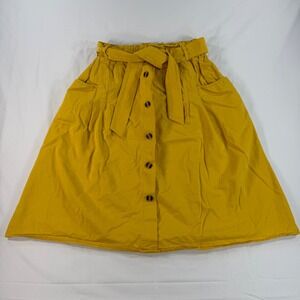 Sadie & Love Mustard Yellow Paperbag Waist Button Front Cotton Midi Skirt M